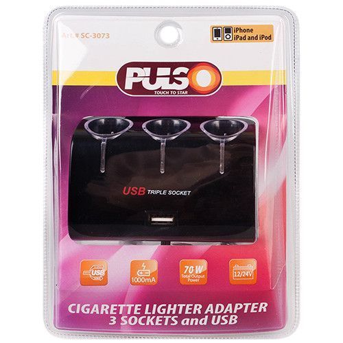 Розгалужувач прикурювача PULSO 3 виходи + 1USB 1000mA 12/24V SC-3073 (SC-3073) SC-3073 фото