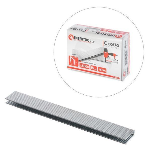 Скоба для степлера PT-1612 18 мм (18GA) 5,7(5,8)x1,25x1,0 мм 5000 шт./пач INTERTOOL PT-8318 PT-8318 фото