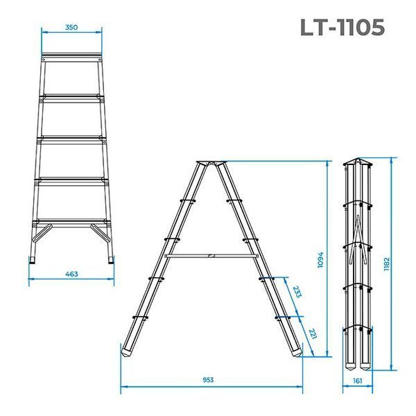 Стрем'янка алюмінієва двостороння 5 ступенів, висота 1100мм INTERTOOL LT-1105 LT-1105 фото