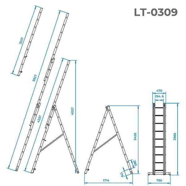 Драбина алюмінієва 3-х секційна універсальна розкладна INTERTOOL LT-0309 LT-0309 фото