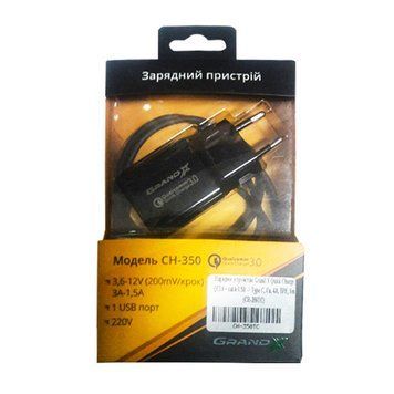 Зарядное устройство Grand-X CH-350TC Quick Charge QС3.0 + cable USB -> Type C, Cu, 4A, TPE, 1m (CH-3 CH-350TC фото