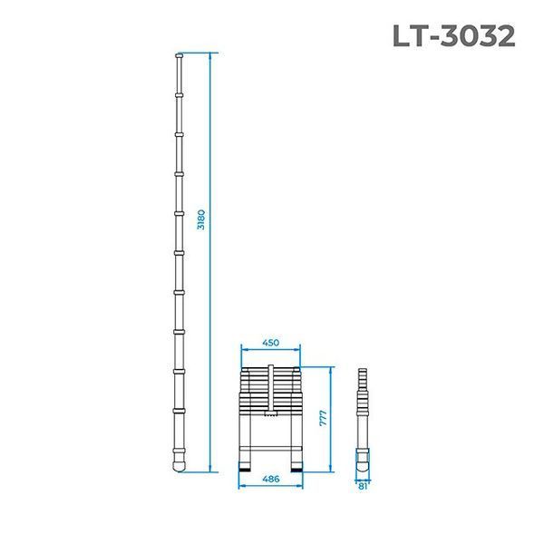 Драбина з алюмінію, телескопічна 10 сход., 3,20 м INTERTOOL LT-3032 LT-3032 фото
