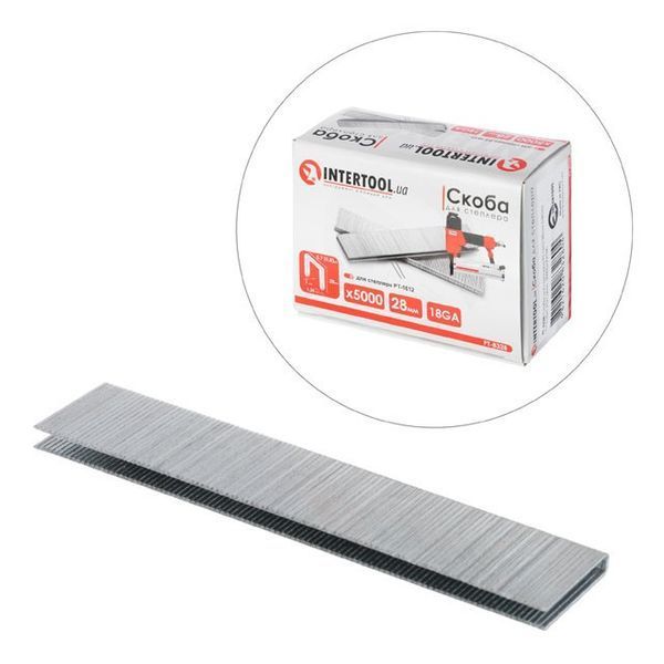 Скоба для степлера PT-1612 28 мм (18GA) 5,7(5,8)x1,25x1,0 мм 5000 шт./пач INTERTOOL PT-8328 PT-8328 фото