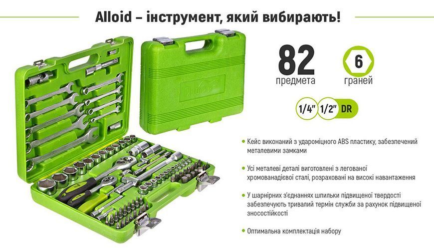 Універсальний набір головок і ключів 1/4" & 1/2", 82 предмети. Alloid (НГ-4082П) НГ-4082П фото
