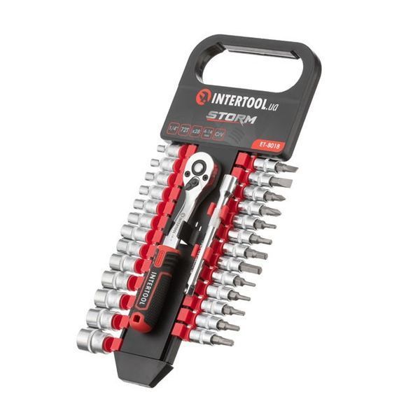 Набор головок 1/4" 4-14 мм., TORX, PH, HEX, SL, удлинитель, рукоятка с храповым механизмом 72 зуба, ET-8018 фото