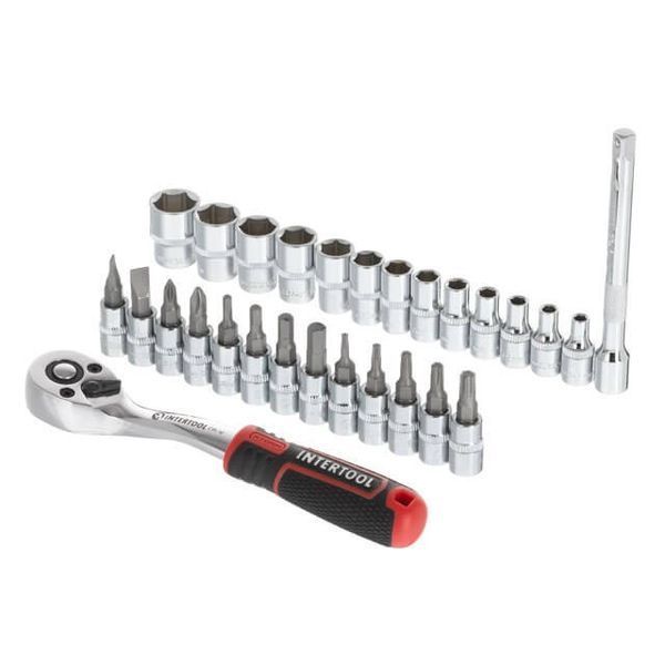 Набор головок 1/4" 4-14 мм., TORX, PH, HEX, SL, удлинитель, рукоятка с храповым механизмом 72 зуба, ET-8018 фото