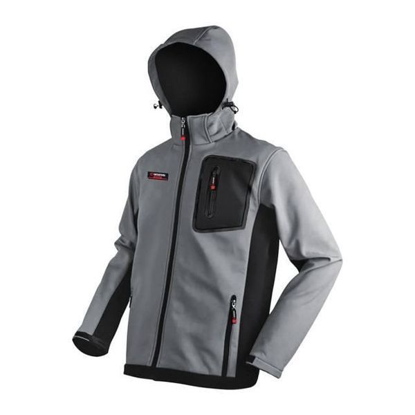 Куртка SOFTSHELL світло сіро-чорна, з капюшоном, тришарова, тканина стрейч 300 GSM 100D з водо-, вітрозахистом, розмір XL SP-3124 фото