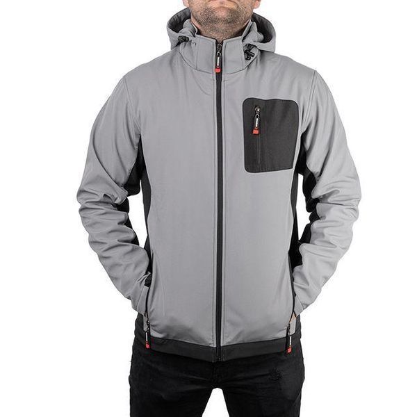 Куртка SOFTSHELL світло сіро-чорна, з капюшоном, тришарова, тканина стрейч 300 GSM 100D з водо-, вітрозахистом, розмір XL SP-3124 фото