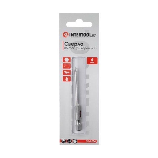 Свердло для скла та кераміки 4 мм HEX 1/4''(6.35 mm) INTERTOOL SD-0284 SD-0284 фото