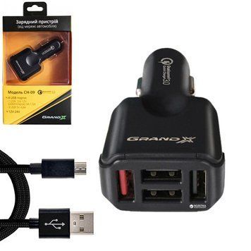 Зарядное устройство Grand-X CH-09BM Quick Charge QС3.0 1xUSB,3xUSB 5V 4,8A + cable FM01BB USB/Micro CH-09BM фото