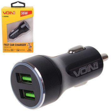 Автомобільний зарядний пристрій VOIN 36 W, 2 USB QC 3.0, 12/24 V (3.6-6.5 V/3 A, 6.5-9V/2A, 9V-12V/1.5) (C-36205Q) C-36205Q фото