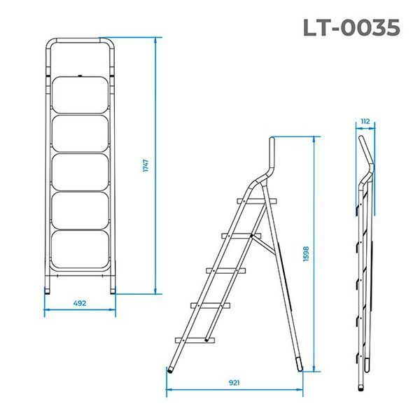 Стремянка, 5 ступеней 380*260 мм, высота 1598 мм, до верхней ступени 1200 мм INTERTOOL LT-0035 LT-0035 фото
