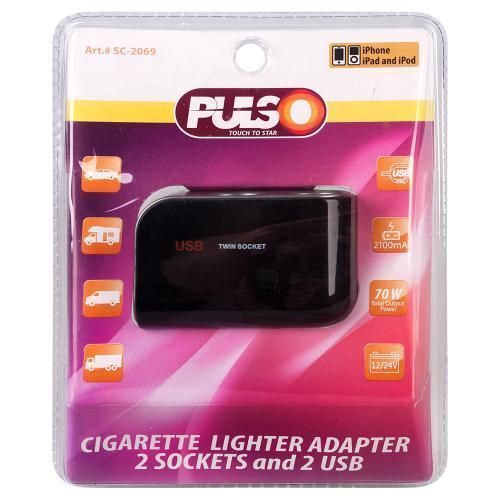 Розгалужувач прикурювача PULSO 2 виходи + 2USB 2100mA 12/24V SC-2069 (SC-2069) SC-2069 фото